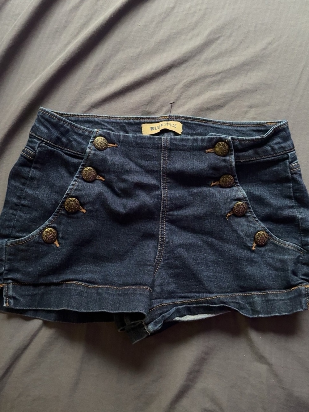 Blue Spice mid-Waist Denim Shorts with Nautical Button Detail - Dark Blue